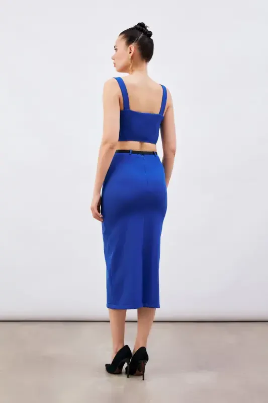 Belted Midi Pencil Skirt - Sax Blue - 6