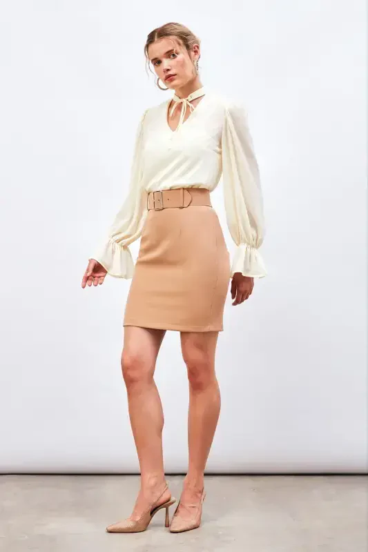 Belted Mini Skirt - CAMEL - 1