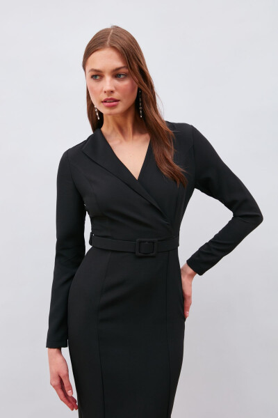 Belted Pencil Dress - Black - 2