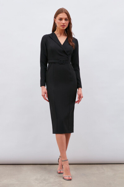 Belted Pencil Dress - Black - 3