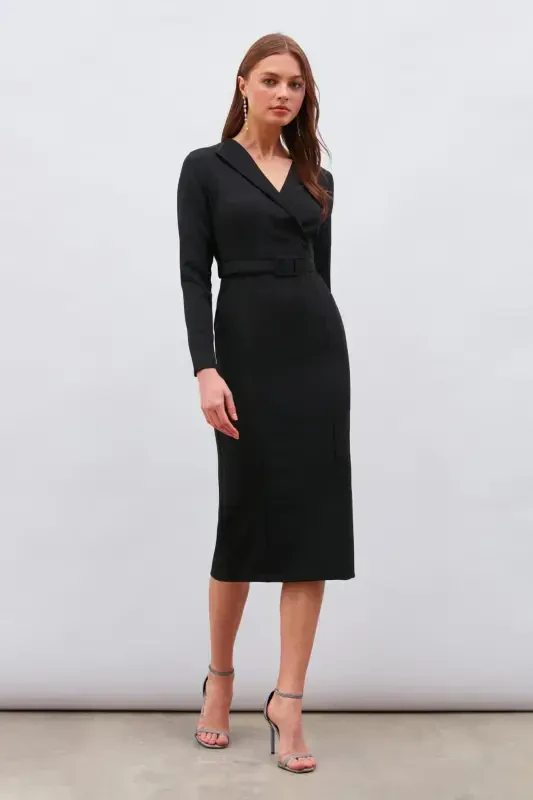 Belted Pencil Dress - Black - SATEEN