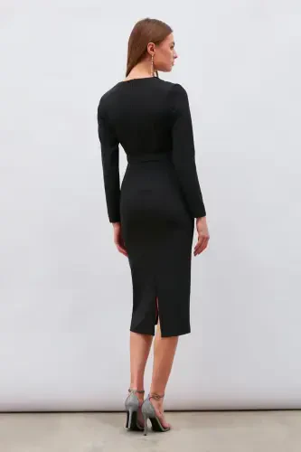 Belted Pencil Dress - Black - 7
