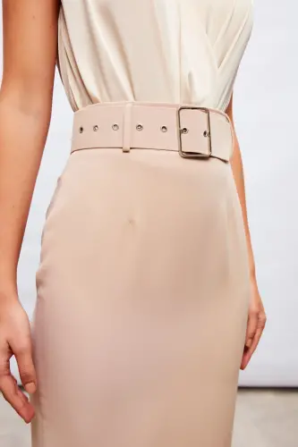 Belted Pencil Skirt - BEIGE - 3