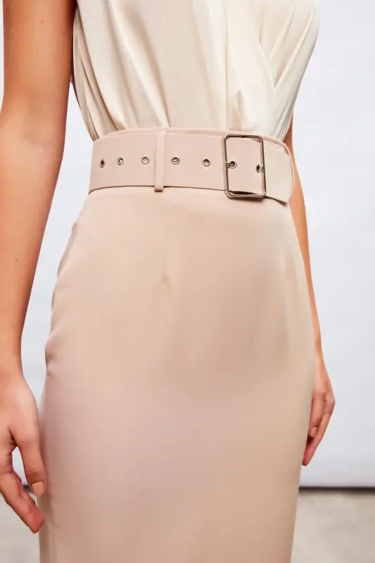 Belted Pencil Skirt - BEIGE - 3