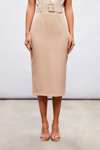 Belted Pencil Skirt - BEIGE - 4