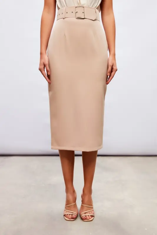 Belted Pencil Skirt - BEIGE - 4