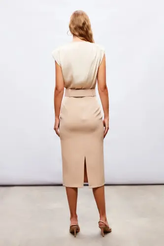 Belted Pencil Skirt - BEIGE - 5