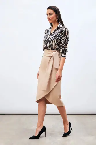 Belted Pencil Skirt - Beige-BEIGE 