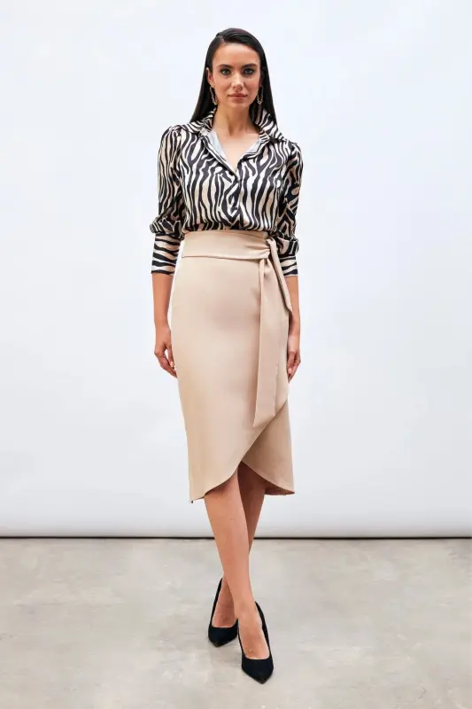 Belted Pencil Skirt - Beige-BEIGE - 2