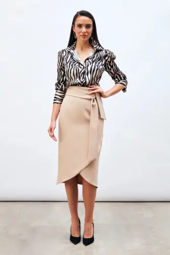 Belted Pencil Skirt - Beige-BEIGE - 3