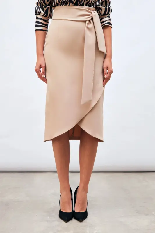 Belted Pencil Skirt - Beige-BEIGE - 4