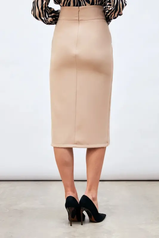 Belted Pencil Skirt - Beige-BEIGE - 6