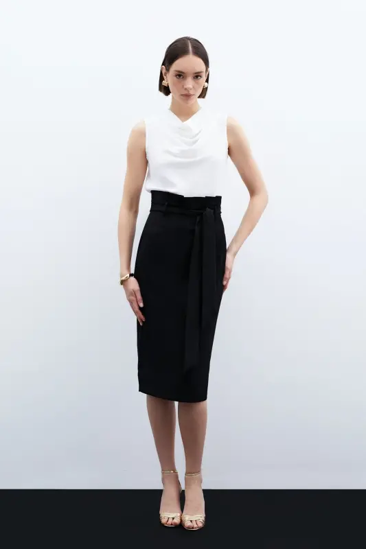 Belted Pencil Skirt - Black-BLACK - 1