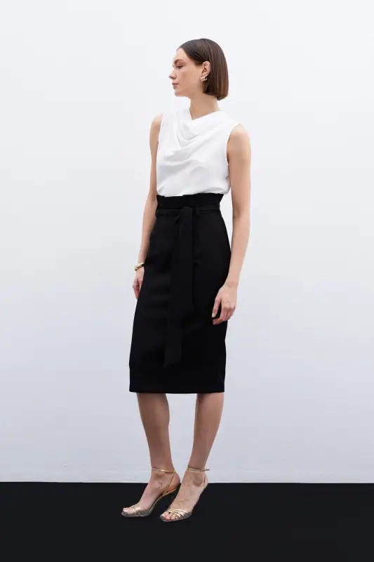 Belted Pencil Skirt - Black-BLACK - 3