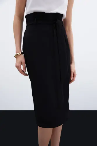 Belted Pencil Skirt - Black-BLACK - 4
