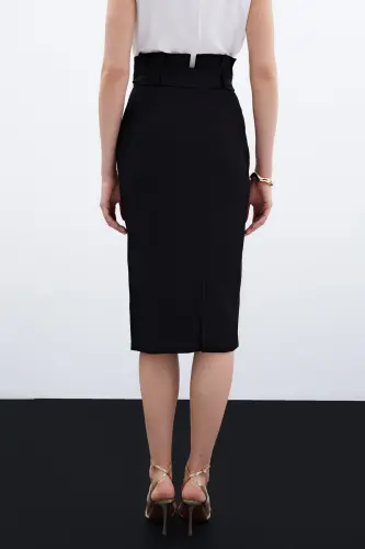 Belted Pencil Skirt - Black-BLACK - 5