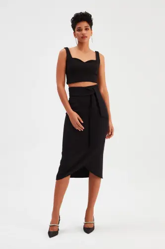 Belted Pencil Skirt - Black-BLACK 