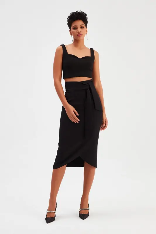 Belted Pencil Skirt - Black-BLACK - SATEEN
