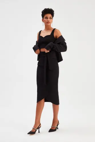 Belted Pencil Skirt - Black-BLACK - SATEEN (1)