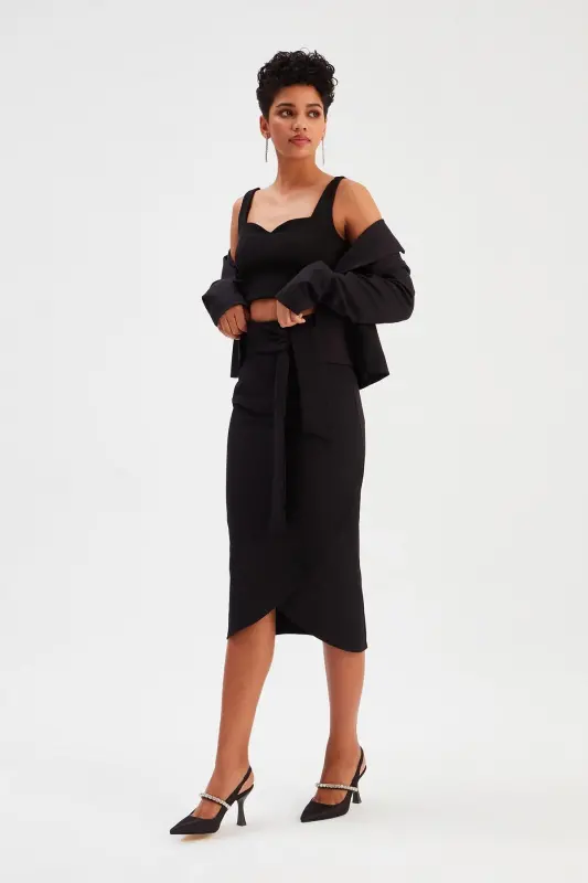 Belted Pencil Skirt - Black-BLACK - 2