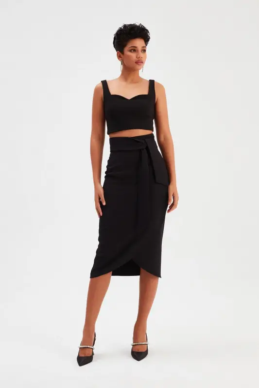 Belted Pencil Skirt - Black-BLACK - 3