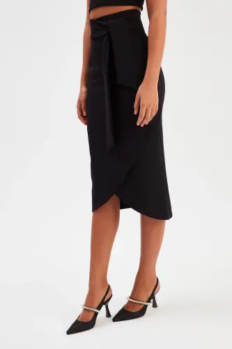 Belted Pencil Skirt - Black-BLACK - 4