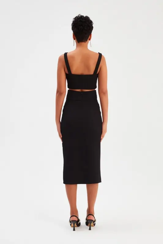 Belted Pencil Skirt - Black-BLACK - 6
