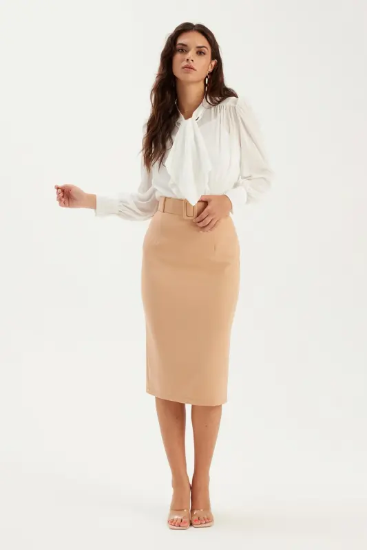 Belted Pencil Skirt - Camel - 1