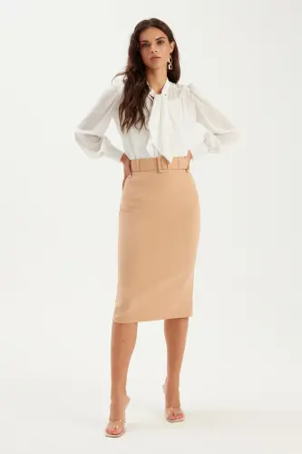 Belted Pencil Skirt - Camel - SATEEN (1)