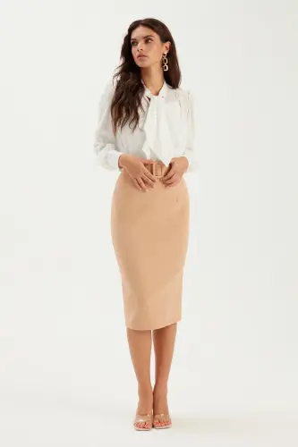 Belted Pencil Skirt - Camel - 3