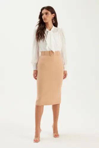 Belted Pencil Skirt - Camel - 4