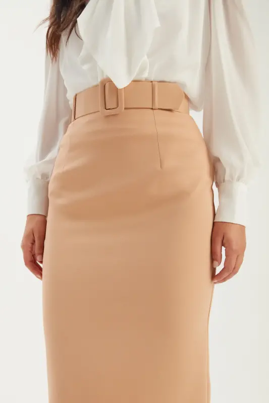 Belted Pencil Skirt - Camel - 6