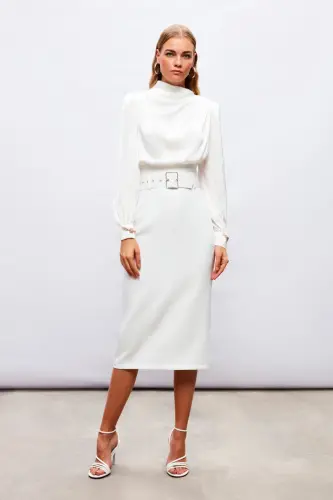 Belted Pencil Skirt - ECRU - SATEEN (1)