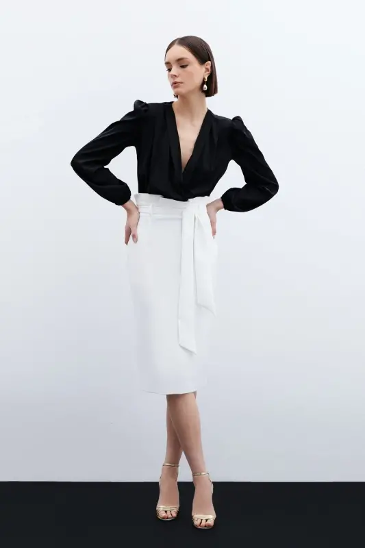 Belted Pencil Skirt - Ecru-ECRU - SATEEN
