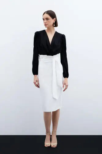 Belted Pencil Skirt - Ecru-ECRU - 2