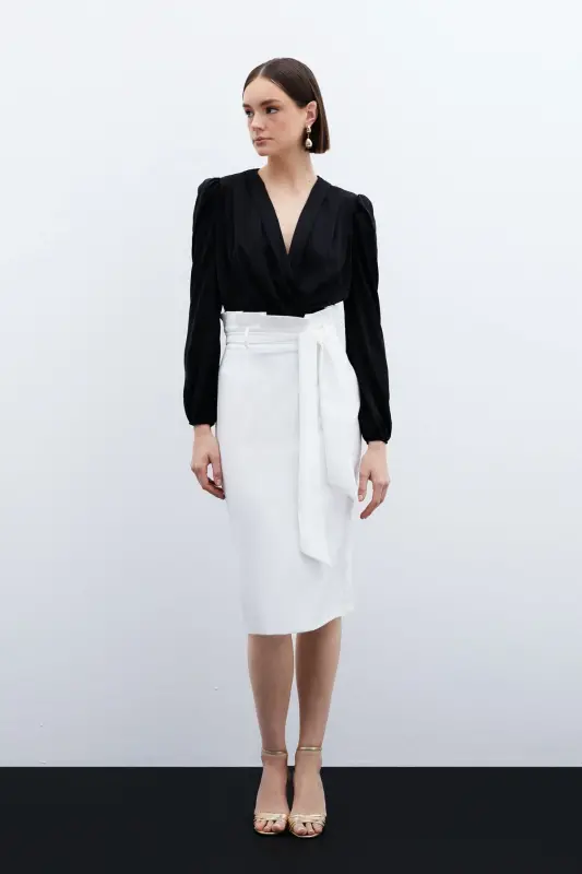 Belted Pencil Skirt - Ecru-ECRU - 2