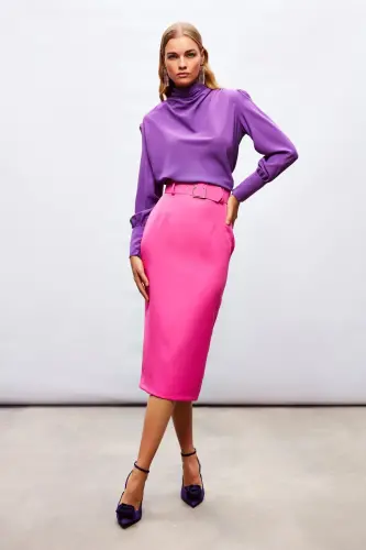 Belted Pencil Skirt - FUCHSIA 