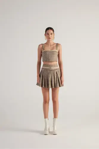 Belted Plaid Pleated Mini Merida Skort Beige - 1