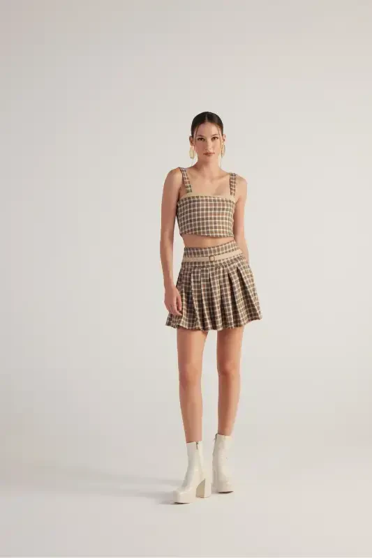 Belted Plaid Pleated Mini Merida Skort Beige - 2