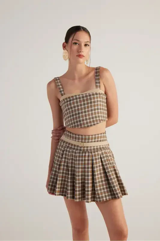 Belted Plaid Pleated Mini Merida Skort Beige - 3