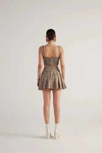 Belted Plaid Pleated Mini Merida Skort Beige - 4