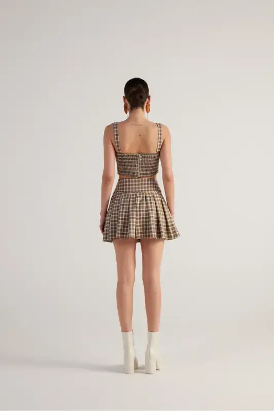 Belted Plaid Pleated Mini Merida Skort Beige - 4