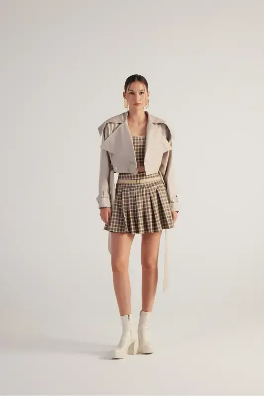 Belted Plaid Pleated Mini Merida Skort Beige - 6