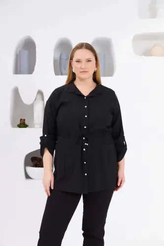 Belted Pocket Detailed Plus Size Jacket Black - 1
