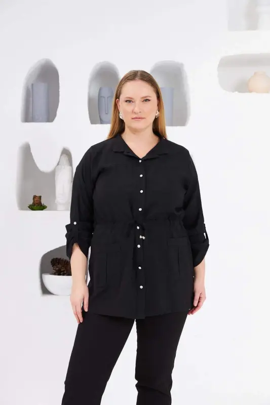 Belted Pocket Detailed Plus Size Jacket Black - BÜYÜKBEDENIZ