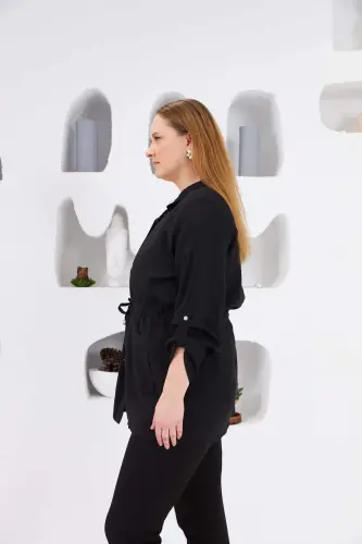 Belted Pocket Detailed Plus Size Jacket Black - 3
