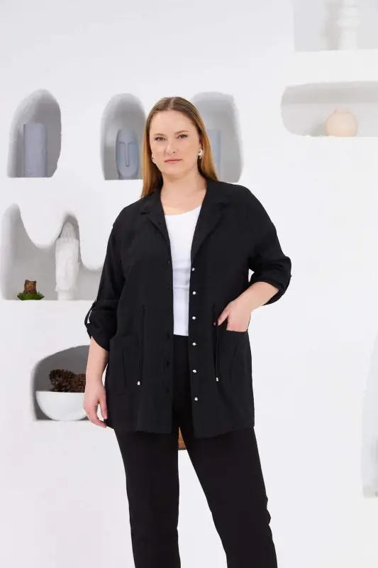 Belted Pocket Detailed Plus Size Jacket Black - 4