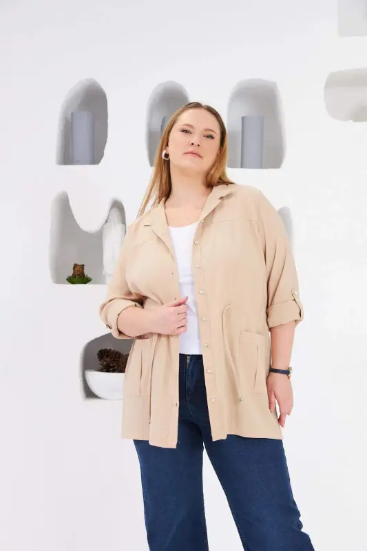 Belted Pocket Detailed Plus Size Jacket Cream - 1