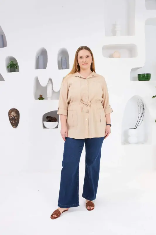 Belted Pocket Detailed Plus Size Jacket Cream - 3