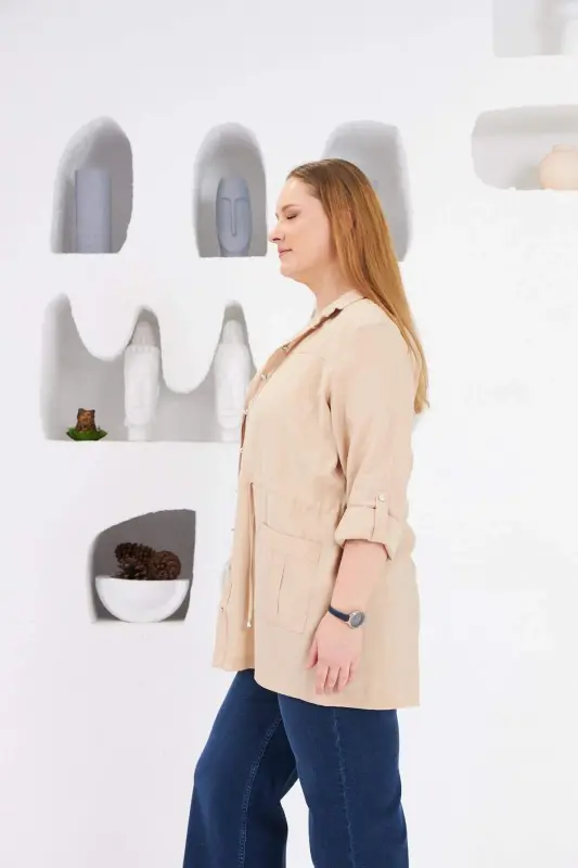 Belted Pocket Detailed Plus Size Jacket Cream - 4